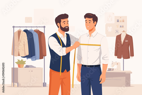 Professional tailor measuring male client's chest with yellow tape in a modern fashion atelier. Scene features suit rack, mannequin, sewing machine, and sketches. Simple flat vector illustration.