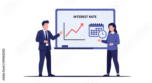 Modern flat vector illustration of mortgage broker presenting interest rate chart and loan terms to clients in office meeting. Real estate financing consultation concept