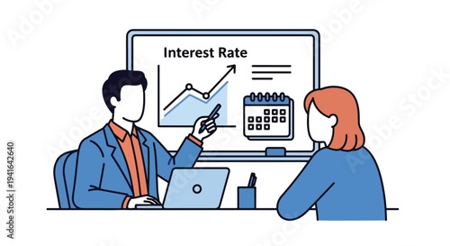 Modern flat vector illustration of mortgage broker presenting interest rate chart and loan terms to clients in office meeting. Real estate financing consultation concept