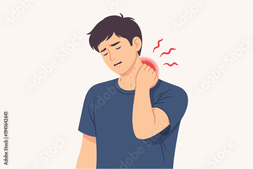 Young man suffering from severe neck pain and cervical muscle strain, holding his sore neck with a painful expression, flat vector illustration for healthcare, medical, and wellness concepts.