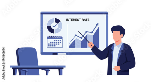 Modern flat vector illustration of mortgage broker presenting interest rate chart and loan terms to clients in office meeting. Real estate financing consultation concept
