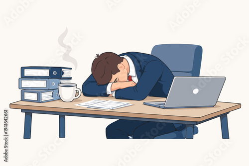 Exhausted Businessman in Blue Suit Sleeping on Desk in Office with Laptop, Stack of Binders, and Hot Coffee Cup, Concept of Burnout, Overwork, Stress, and Tiredness, Flat Vector Illustration