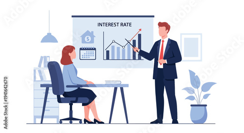 Modern flat vector illustration of mortgage broker presenting interest rate chart and loan terms to clients in office meeting. Real estate financing consultation concept