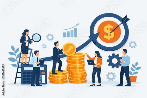 Business Team Working Together to Optimize Return on Investment ROI, Financial Growth Strategy, Success, and Wealth Management with Target, Coins, and Calculator Flat Vector Illustration.