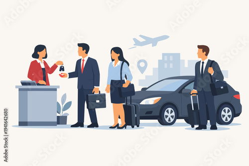 Professional businesspeople renting a car for a business trip. A female agent hands keys to a businessman at a counter. Includes a modern sedan, luggage, and an airplane. Flat vector illustration.