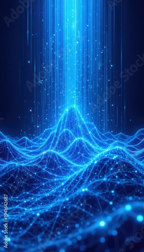Light beams rise above blue digital waves across a dark background in a creative scene