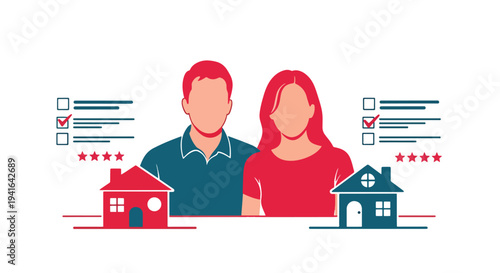 Modern flat vector illustration of couple comparing two houses with checklist and rating icons before selecting mortgage property investment