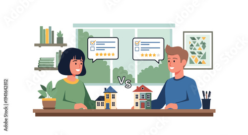 Modern flat vector illustration of couple comparing two houses with checklist and rating icons before selecting mortgage property investment