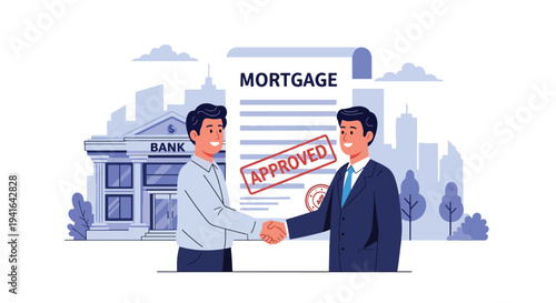 Flat vector illustration of bank approving mortgage loan while client handshake with bank officer. Financial approval and real estate purchase concept