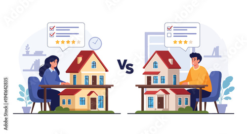 Modern flat vector illustration of couple comparing two houses with checklist and rating icons before selecting mortgage property investment