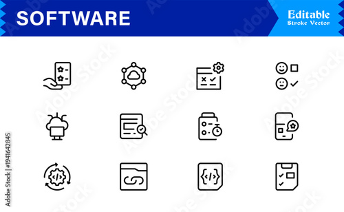 Modern Software Line Icon Collection with Minimalist Professional Style and Unique Vector Elements for Comprehensive Digital Toolkits