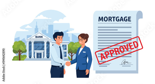Flat vector illustration of bank approving mortgage loan while client handshake with bank officer. Financial approval and real estate purchase concept
