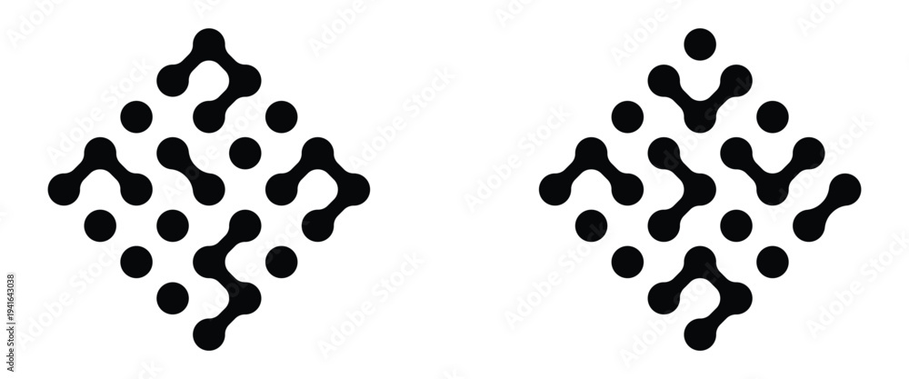 Fototapeta premium Abstract geometric figures of connected molecules. Pattern of black meta balls isolated on white background. Seamless horizontal border design element with fluid shapes and floating circular ink blobs