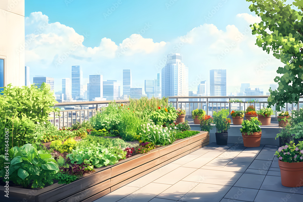Fototapeta premium Urban Rooftop Permaculture Garden with Vibrant Container Plants