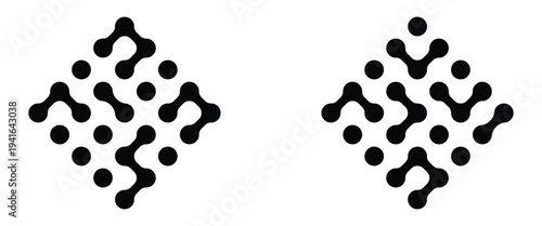 Abstract geometric figures of connected molecules. Pattern of black meta balls isolated on white background. Seamless horizontal border design element with fluid shapes and floating circular ink blobs