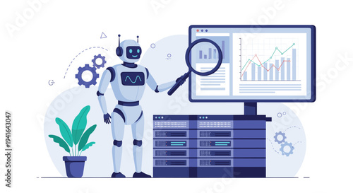 Modern white robot uses a magnifying glass to analyze business data charts and graphs displayed on a computer screen in a server room.