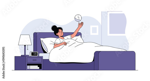 Smiling young woman wakes up happily in her comfortable bed as she reaches out for her alarm clock in a peaceful bedroom setting.