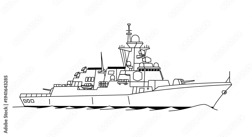 Fototapeta premium Outline Drawing of a Modern Warship Destroyer with Guns and Radar