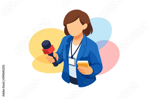 Female reporter holding microphone and smartphone for news reporting.