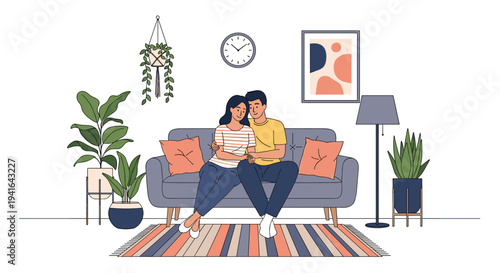 Happy young couple sits comfortably on a blue sofa in a stylishly decorated living room with plants, artwork, and a clock on the wall.
