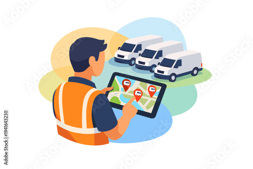 Delivery driver uses tablet to track multiple vans on map.
