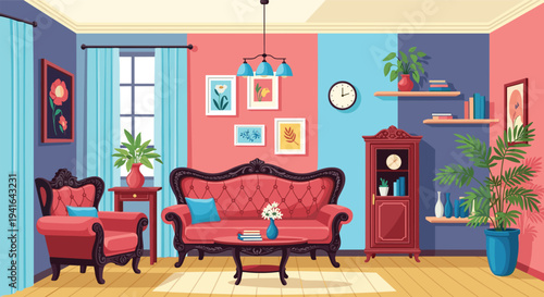 Luxurious living room interior features an ornate red sofa, matching armchair, wooden cabinet, and vibrant wall panels with framed art.