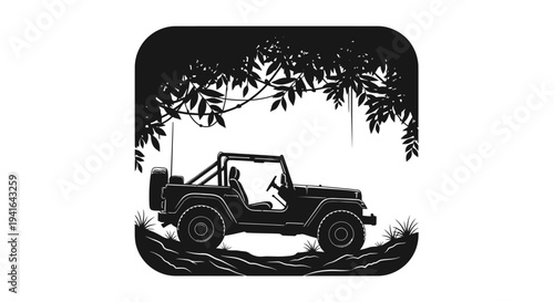 Off-road Jeep driving through dense jungle foliage, adventure travel concept