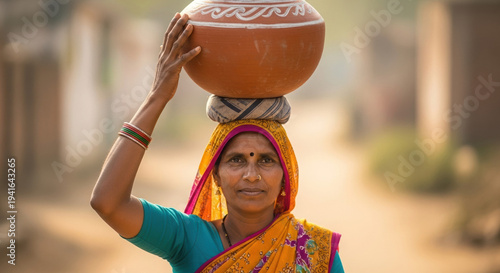 Indian woman carrying water pot on head while walking outdoors  