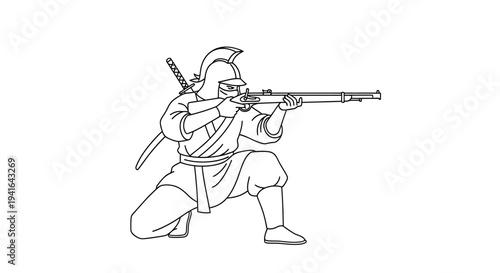 Ninja Warrior with Musket, Crouching Pose, Historical Combatant, Samurai Warrior, Ancient Soldier
