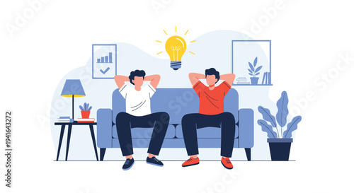 Two young men sit on a blue sofa while a bright yellow glowing lightbulb representing a creative idea appears between them.