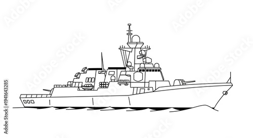 Outline Drawing of a Modern Warship Destroyer with Guns and Radar