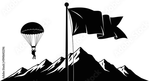 Parachutist Descends Towards Mountain Peak with Waving Flag
