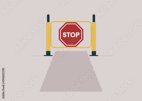 A striking red stop sign sits prominently in front of a smooth path, framed by yellow barriers, This scene promotes careful navigation in an active environment, enhancing awareness.