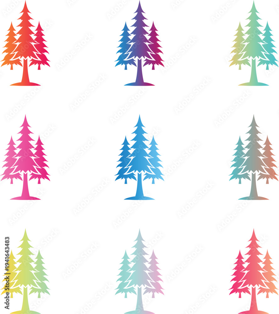 Obraz premium Colorful Fir Tree Collection, Evergreen Conifer Silhouettes, Nature Woodland Vector Set