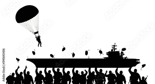 Paratrooper Landing on Aircraft Carrier with Crowd Cheering