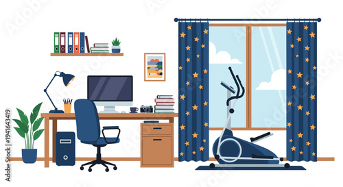 Modern home office setup combines a workspace with a desk and computer and a fitness area featuring a stationary exercise bike.