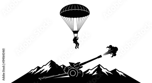 Paratrooper Jumps Over Artillery Gun Firing in Mountains