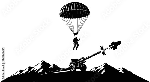Paratrooper Jumps Over Artillery Gun Firing Missile in Mountainous Terrain