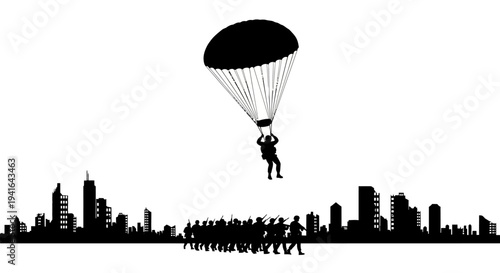 Paratrooper landing in city with soldiers below, black and white silhouette