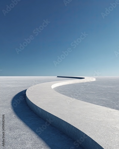 Minimalist Curved Concrete Pathway in Vast Blue Sky Landscape Highlighting Infinity and Tranquility Concept