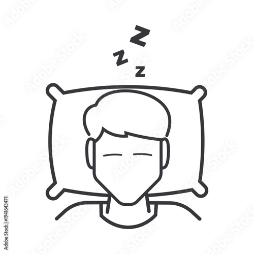Isolated outline illustration of person sleeping on pillow with sleep symbol representing rest, bedtime, relaxation, healthy sleep, and night comfort