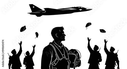 Pilot Hero Celebration: Jet Flies Overhead as Soldiers Toss Helmets in Joyful Salute