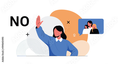 Strong woman raises her hand to say NO while blocking hurtful social media messages and protecting her personal online space.