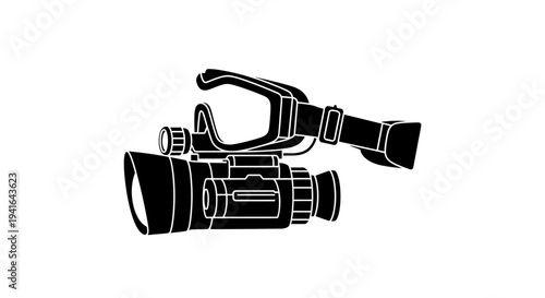 Professional Video Camera Silhouette, Black and White, Isolated on White Background