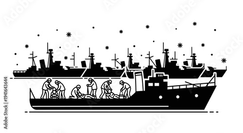 Rescue Operation at Sea: Sailors Aid Injured Crew Member Amidst Fleet