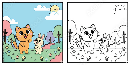 Adorable Cartoon Cat and Bunny Friends Waving in a Pastel Park Landscape
