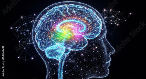 Digital Illustration of Human Brain with Neural Network.