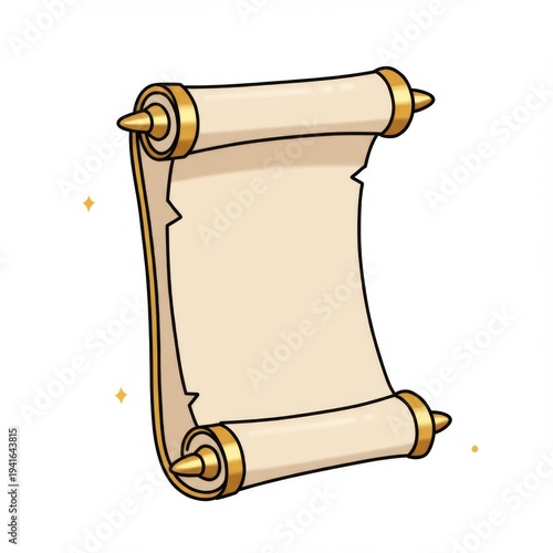 Cartoonish Parchment Scroll with Golden Accents on White Background