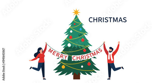 Happy couple stands beside a decorated Christmas tree while holding up a festive Merry Christmas banner on a white background.