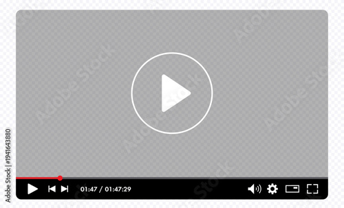 Multimedia videoplayer template on transparent background for online cinema, video live streaming, social media interface vector